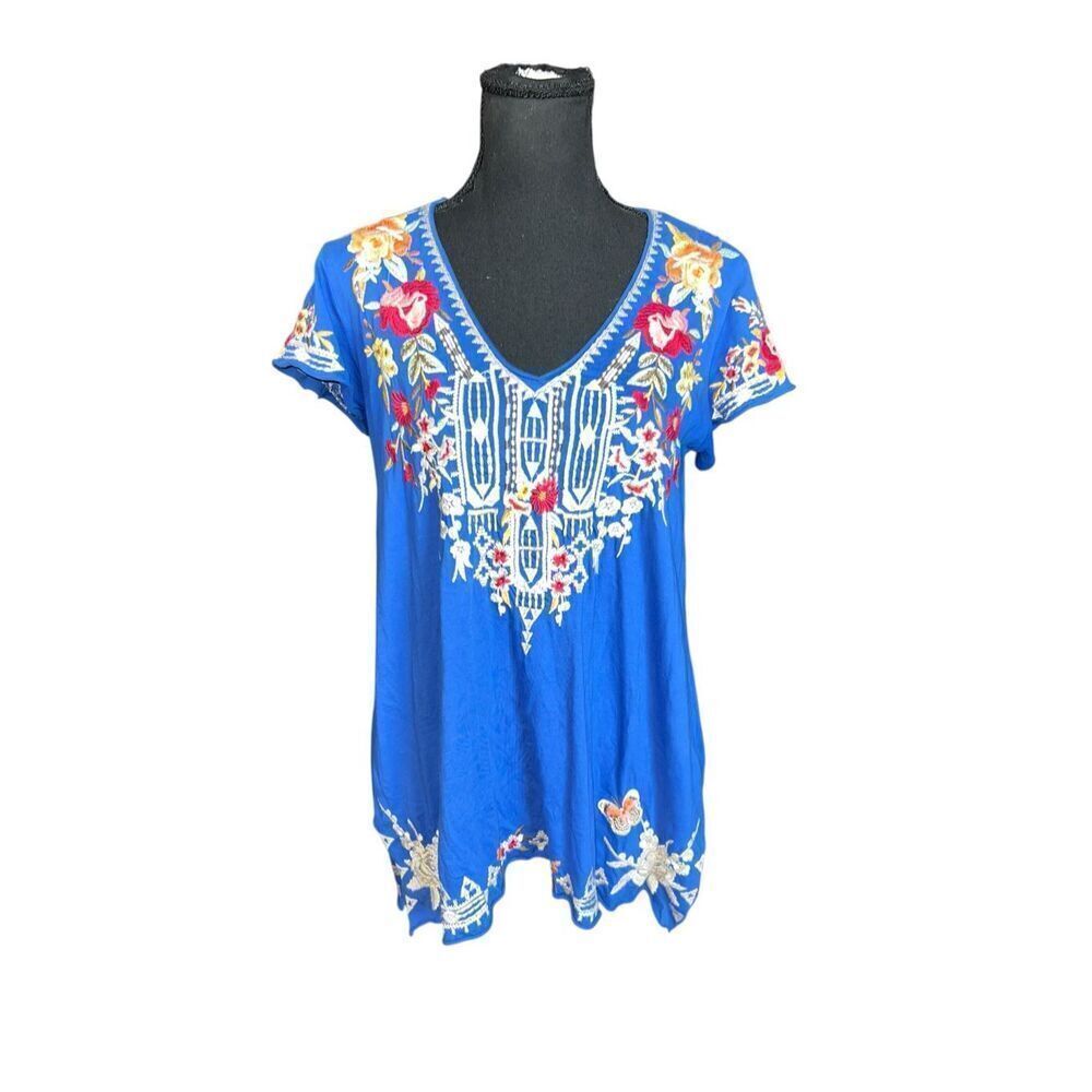 Johnny Was Izora Knit Top Cotton Tee Ink Navy Blue Floral Embroidery XS oversize